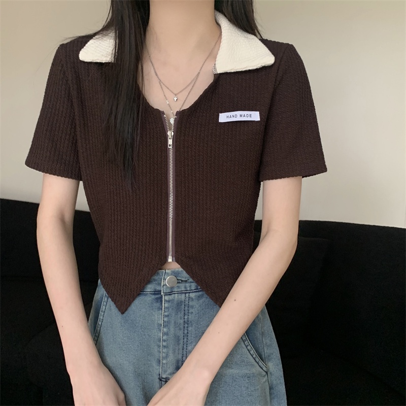 Suhao Irregular French short top women s design sense niche summer new slim Polo collar short-sleeved T-shirt kaos impor wanita kaos wanita gaya korea lengan pendek kaos pendek perempuan