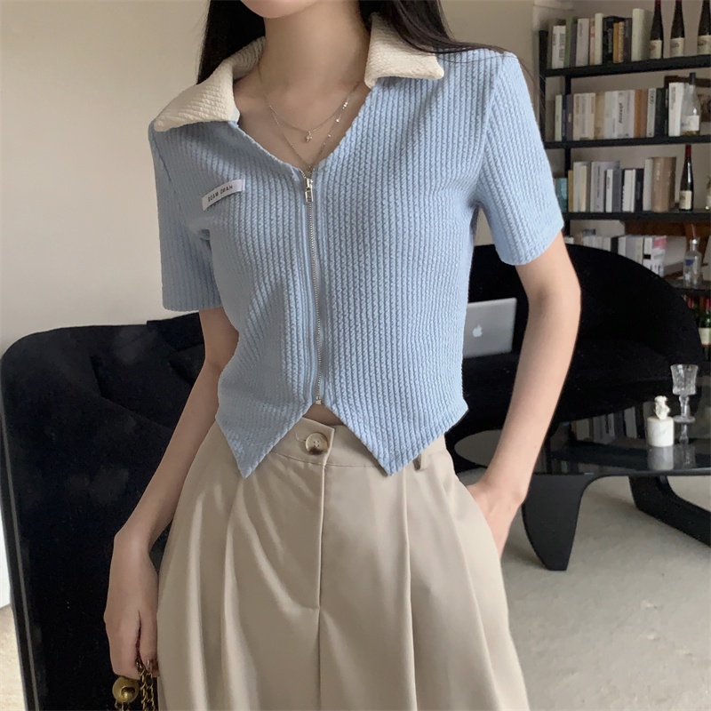 Suhao Irregular French short top women s design sense niche summer new slim Polo collar short-sleeved T-shirt kaos impor wanita kaos wanita gaya korea lengan pendek kaos pendek perempuan