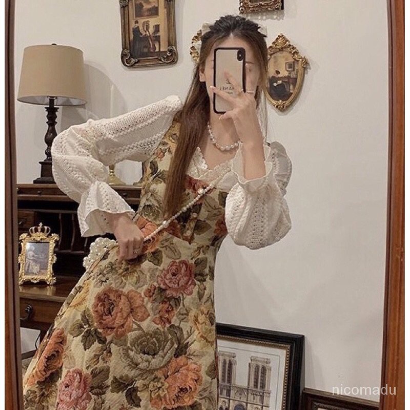 COD##rok bunga korea/bohemian dress/French Vintage Dress Floral Korean Long Dress