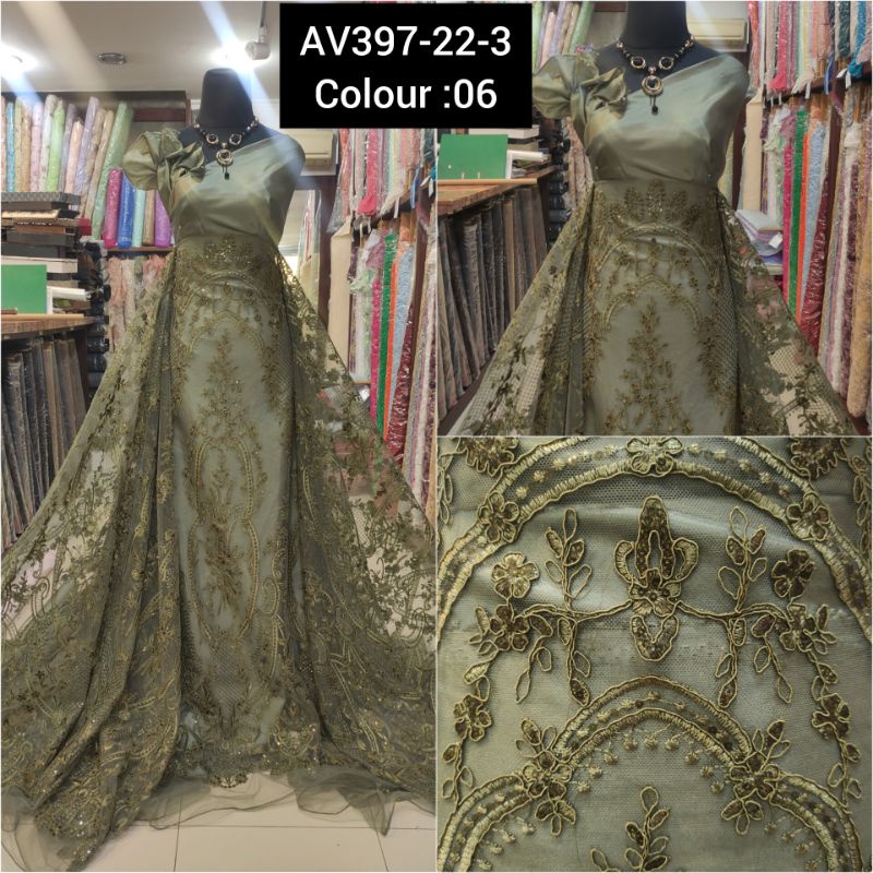 Kain Tile Brokat Etnik Payet Batu Akar Bridal AV397-22-3 hijau Olive