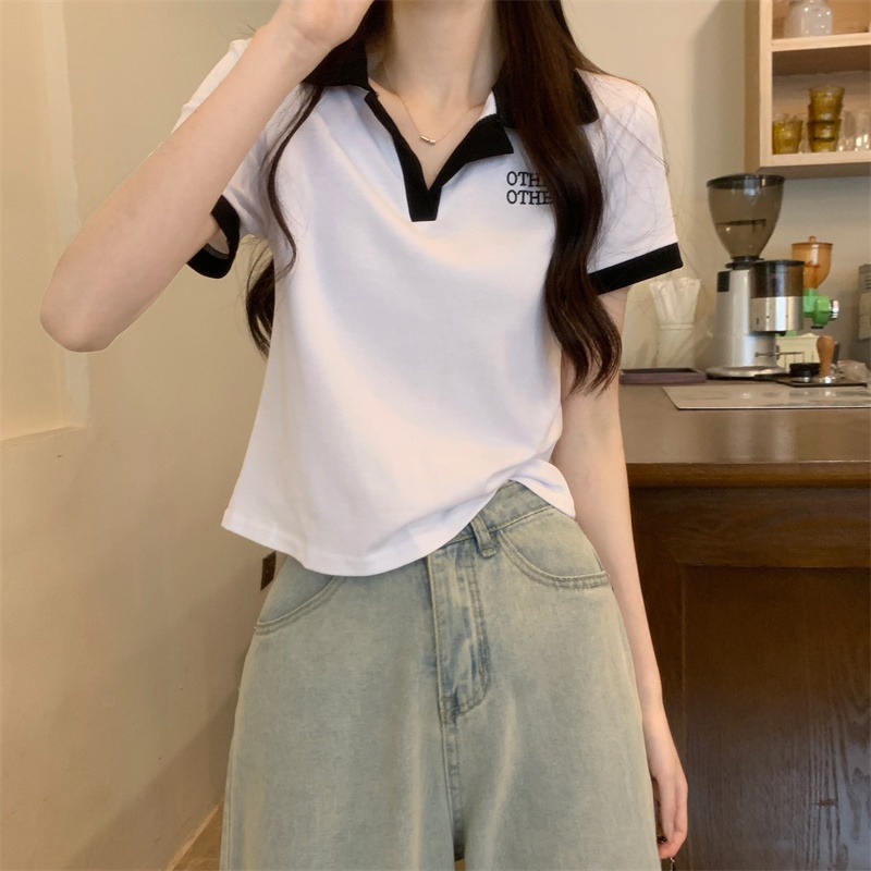 ▨❏Suhao kaos import wanita kaos wanita gaya korea lengan pendek kaos pendek perempuan korea retro bahu depan POLO kemeja desain rasa pencocokan warna V-neck lengan pendek T-shirt wanita kuliah gaya huruf mengurangi usia kecil top