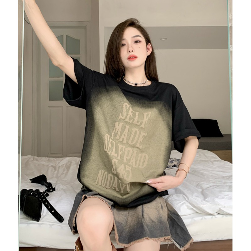 Suhao American Retro Gradien Huruf Lengan Pendek T-shirt Wanita Musim Panas High Street Longgar Tipis T-shirt Panjang Setengah Lengan Atasan Kaos Import Wanita Kaos Wanita Gaya Korea Lengan Pendek Kaos Pendek Perempuan