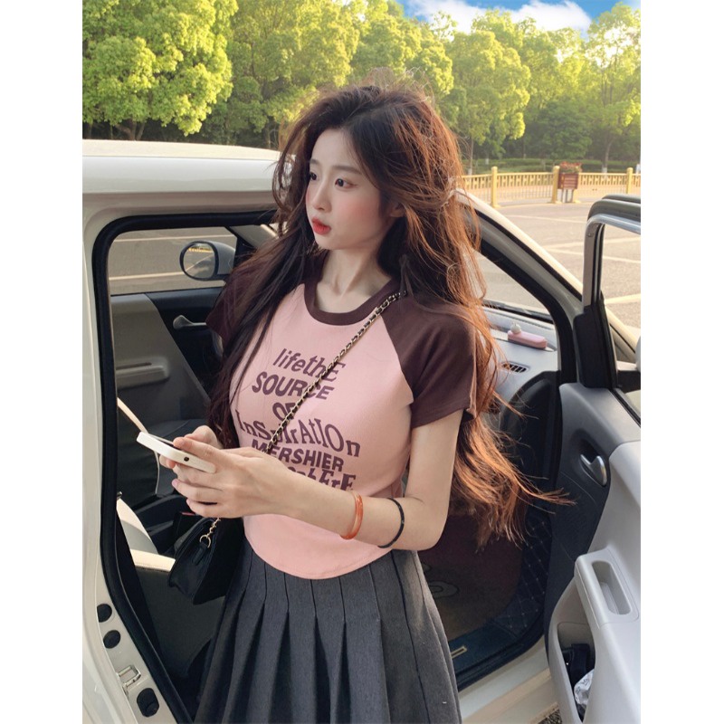 ﺴ♘Suhao kaos import wanita kaos wanita gaya korea lengan pendek kaos pendek perempuan American retro contrast color raglan shoulder short-sleeve t-shirt female summer hot girl slim short irregular top cotton t-shirt