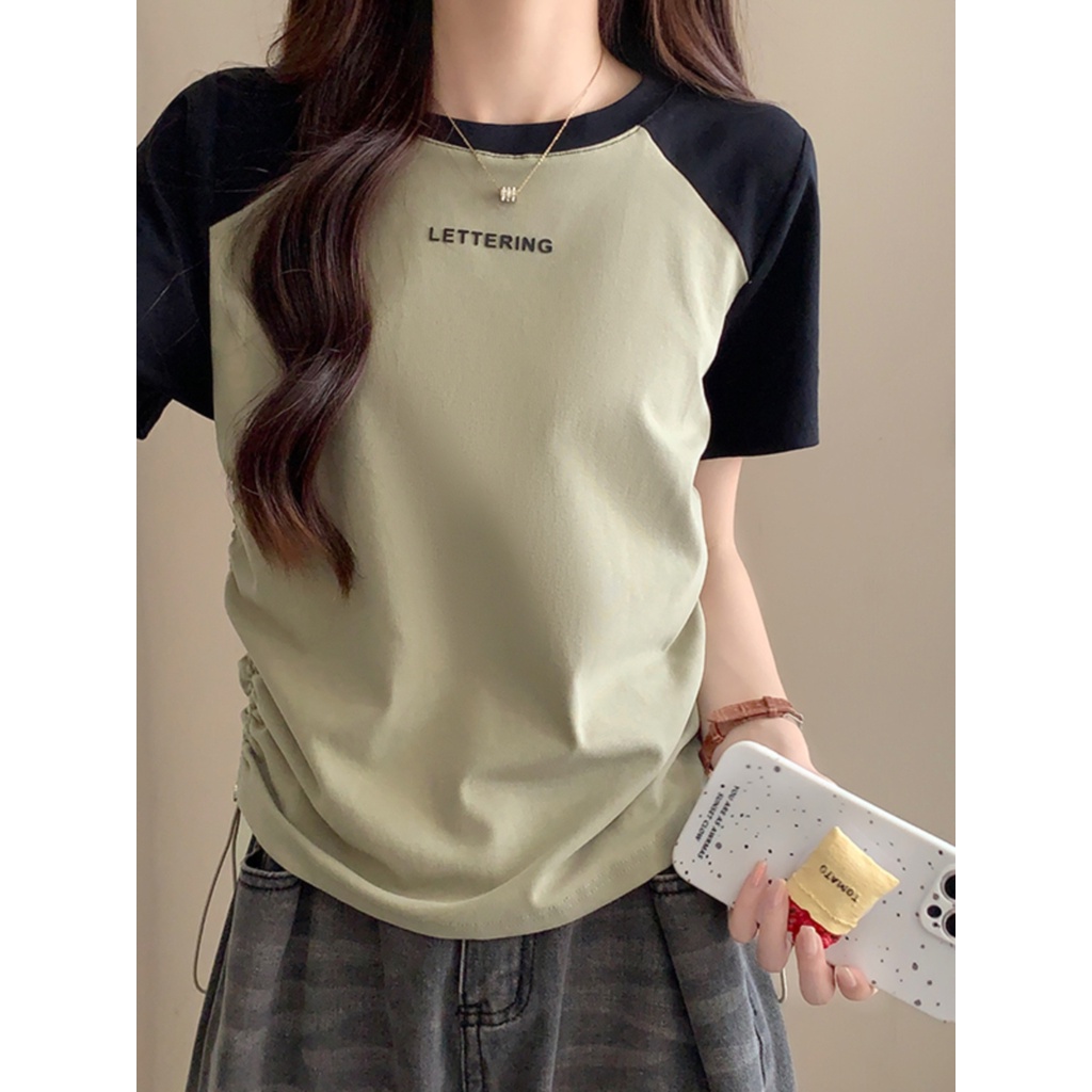 Suhao gaya Amerika raglan bahu katun lengan pendek T-shirt wanita musim panas slim fit dan slim design niche drawstring short shoulder top kaos import wanita kaos wanita gaya korea lengan pendek kaos pendek perempuan