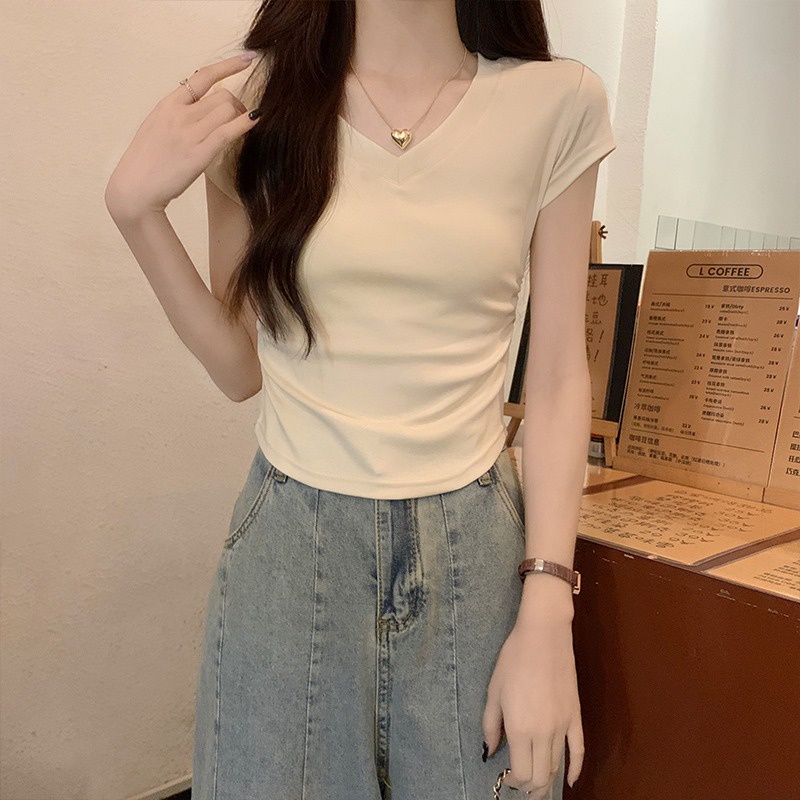 Suhao real price American v-neck pure cotton t-shirt women s summer pure desire short section shirring waist hot girl tight top kaos import wanita kaos wanita korean style lengan pendek kaos pendek perempuan