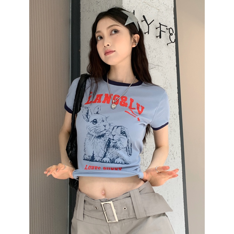 Suhao American retro leher bulat kelinci cetak biru bahu depan lengan pendek t-shirt wanita musim panas pendek pinggang tinggi desain top kaos impor wanita kaos wanita gaya korea lengan pendek kaos pendek perempuan