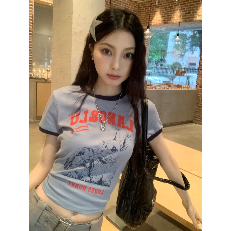 Suhao American retro leher bulat kelinci cetak biru bahu depan lengan pendek t-shirt wanita musim panas pendek pinggang tinggi desain top kaos impor wanita kaos wanita gaya korea lengan pendek kaos pendek perempuan