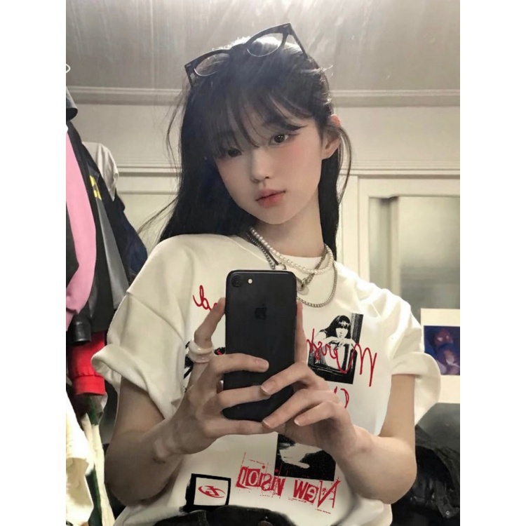 Suhao American retro letter print design sense putih lengan pendek t-shirt wanita penutup musim panas perut ramping bahu atas trendi kaos impor wanita kaos wanita gaya korea lengan pendek kaos pendek perempuan