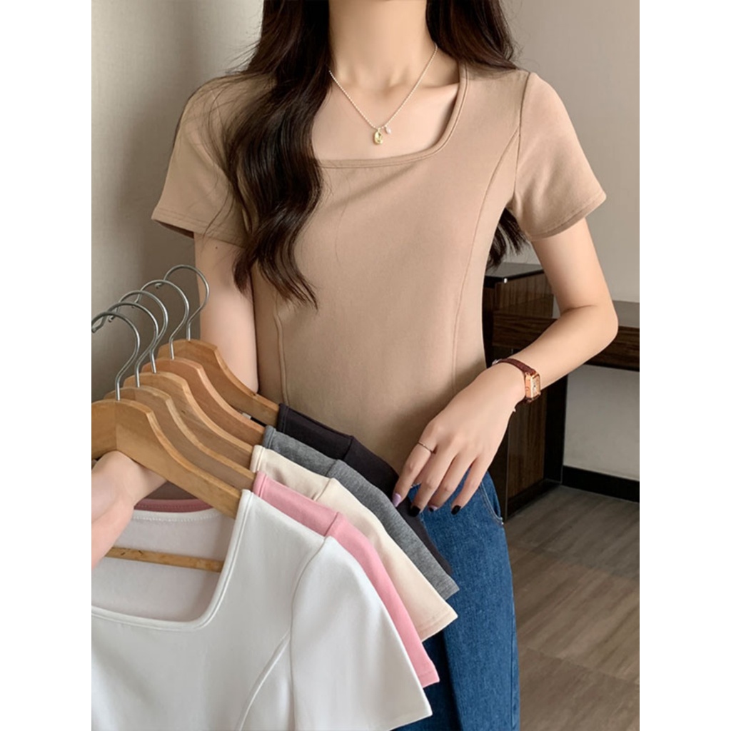 Suhao French square collar front shoulder pink short-sleeve t-shirt women s summer design sense niche pure desire hot girl fish bone short top kaos import wanita kaos wanita gaya korea lengan pendek kaos pendek perempuan