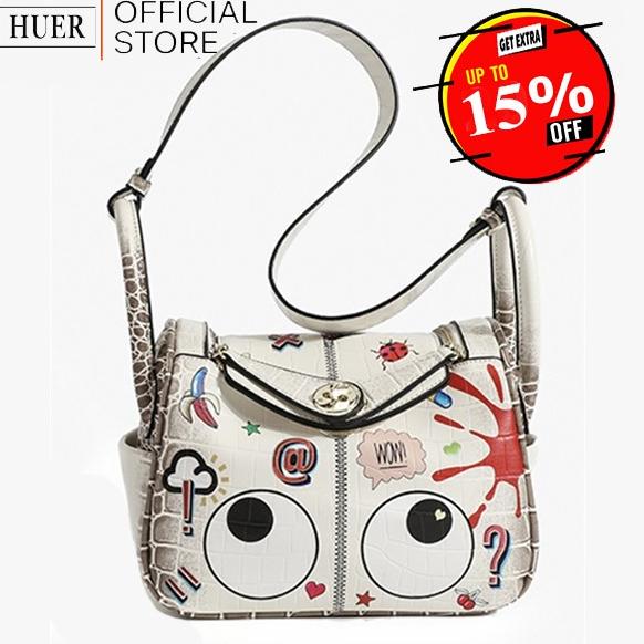 Sale Now Huer ~ Elizy Eye Theme Printed Croc Embossed Shoulder Bag 9454-253Khki Stok Terbatas