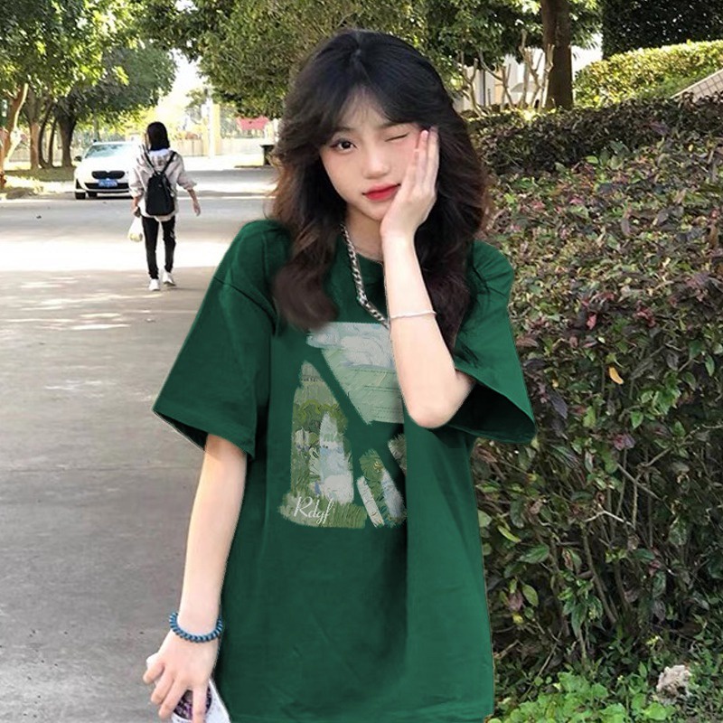 ◄Suhao kaos import wanita kaos wanita gaya korea lengan pendek kaos pendek perempuan dark green short-sleeved t-shirt wanita musim panas 2023 American in tide brand design sense niche unique tea tea top