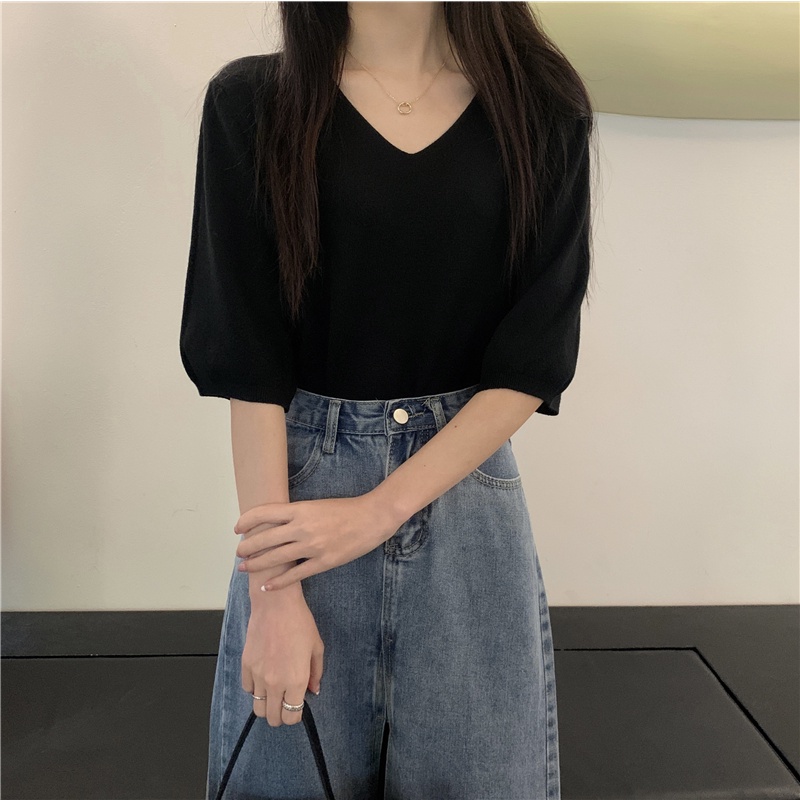 ∏☽❁Suhao kaos import wanita kaos wanita gaya korea lengan pendek kaos pendek perempuan Korean V-neck knitted short-sleeve T-shirt wanita musim panas tipis bagian dalam kemeja T-shirt front shoulder top beautiful foreign style small shirt