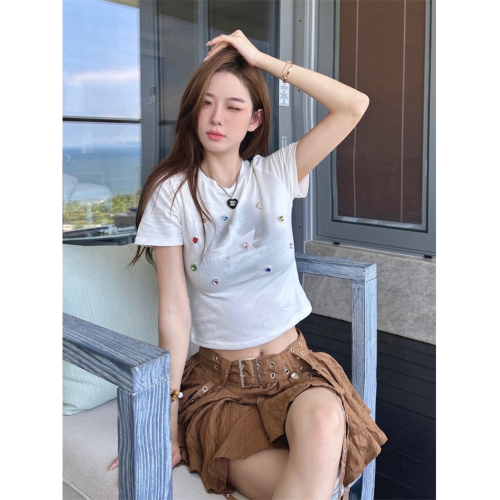 ✧❧✔Suhao kaos import wanita kaos wanita gaya korea lengan pendek kaos pendek perempuan American style putih dicetak depan bahu lengan pendek t-shirt wanita musim panas hot gadis kapas murni tinggi pinggang slim fit ketat pendek top musim panas