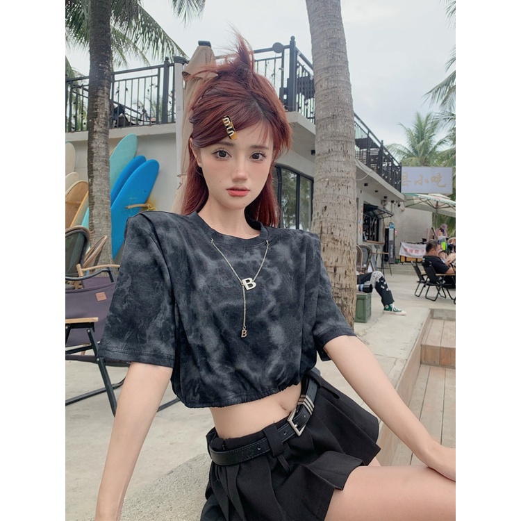 ✔Suhao kaos import wanita kaos wanita gaya korea lengan pendek kaos pendek perempuan light blue tie-dye drawstring short t-shirt female design sense niche sweet and spicy style high waist chic short-sleeve top ins trend