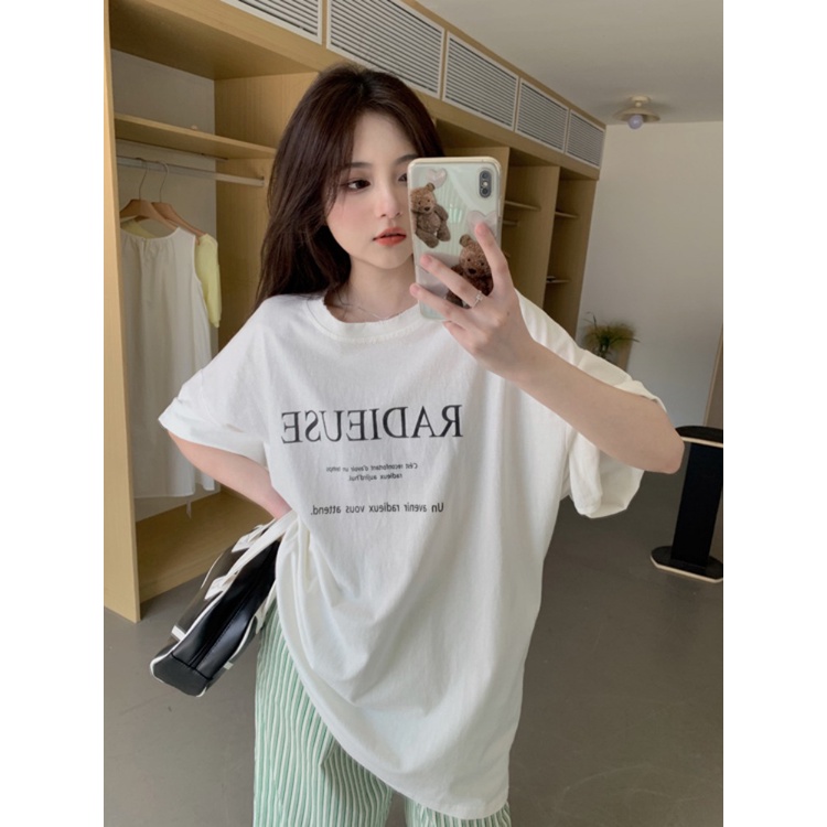 ✶∋✜Suhao kaos import wanita kaos wanita gaya korea lengan pendek kaos pendek perempuan American retro round neck loose shoulder short-sleeve t-shirt women s summer letter print chic niche design top