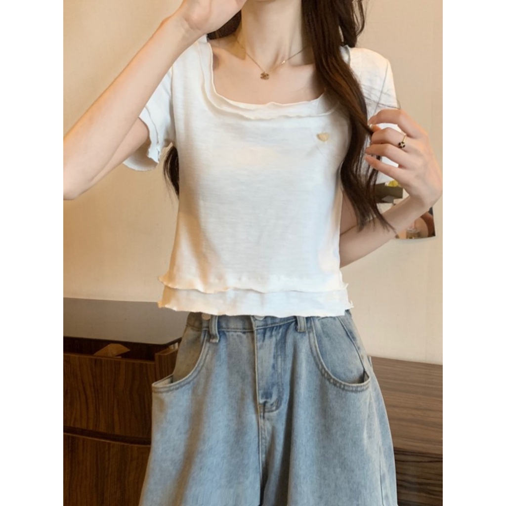 ◑✲❈Suhao kaos import wanita kaos wanita gaya korea lengan pendek kaos pendek perempuan French short sweet and spicy top design sense niche female summer new wood ear side square collar front shoulder short-sleeved T-shirt