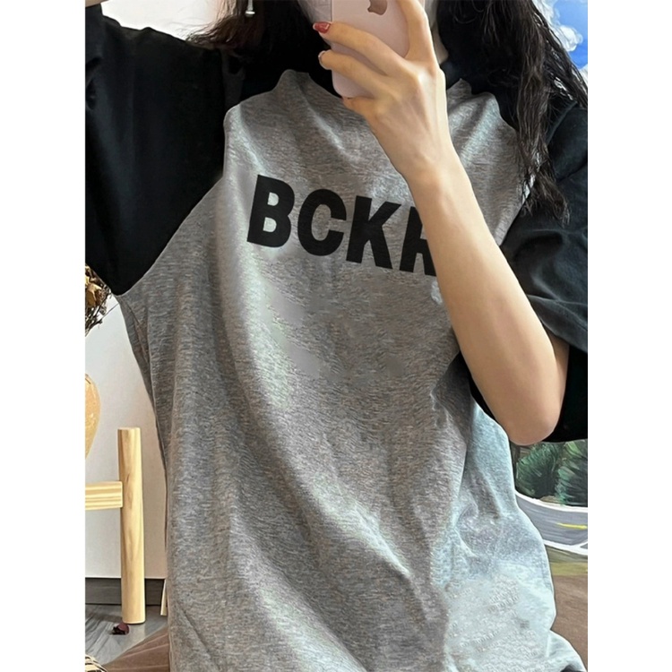 ❦♗♠Suhao kaos import wanita kaos wanita gaya korea lengan pendek kaos pendek perempuan chic gaya Hong Kong retro abu-abu hitam lengan pendek t-shirt wanita musim panas kebesaran katun longgar lengan raglan pakaian pasangan