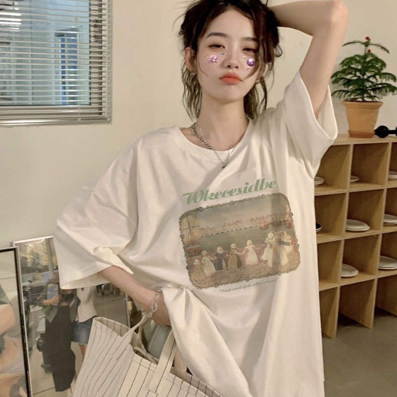 ☇☏▥Suhao kaos import wanita kaos wanita gaya korea lengan pendek kaos pendek perempuan American retro vintage katun lengan pendek t-shirt wanita musim panas pasangan kualitas tinggi longgar ceruk ukuran besar tren teratas