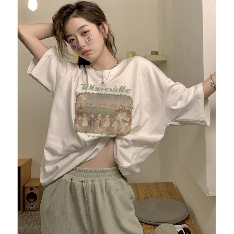 ☇☏▥Suhao kaos import wanita kaos wanita gaya korea lengan pendek kaos pendek perempuan American retro vintage katun lengan pendek t-shirt wanita musim panas pasangan kualitas tinggi longgar ceruk ukuran besar tren teratas