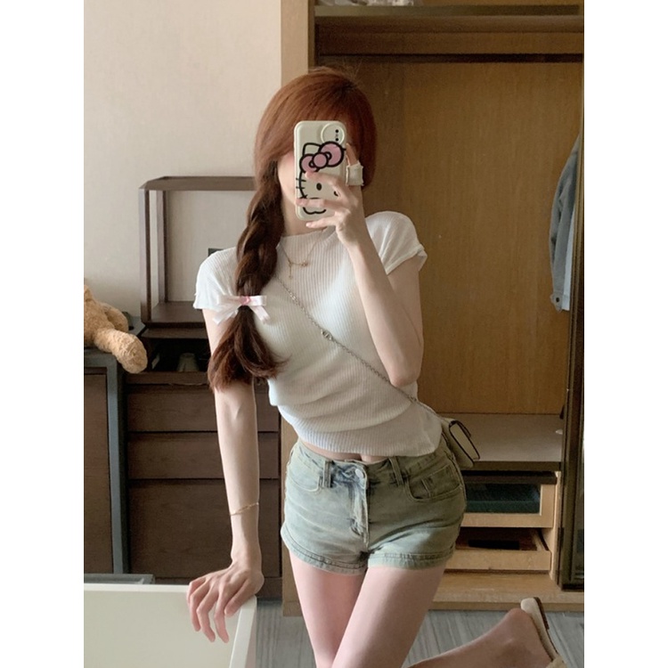 ▬▦Suhao kaos import wanita kaos wanita gaya korea lengan pendek kaos pendek perempuan basic white short-sleeved women s summer small sweet hot girl short high waist slim fit t-shirt thin knitted top