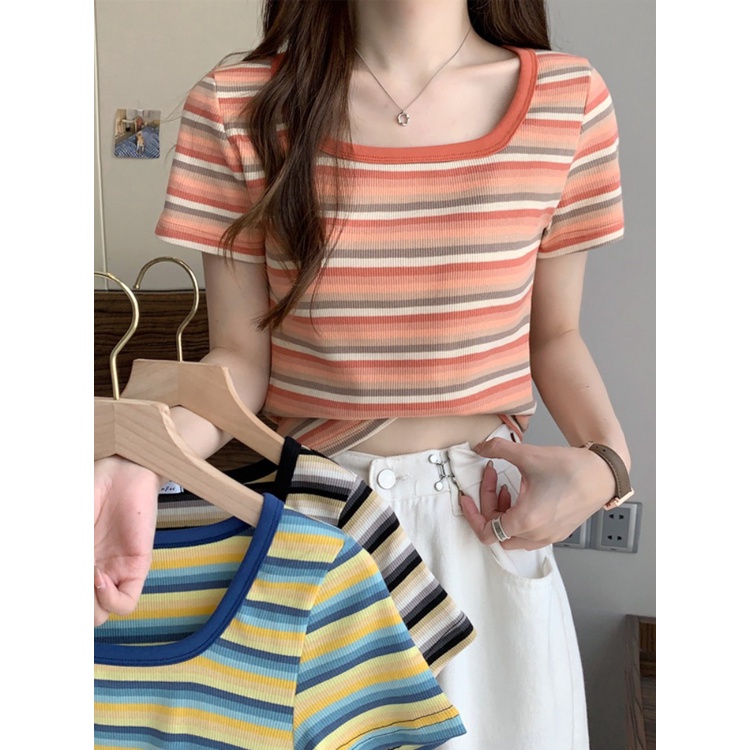 ℡₪✇Suhao kaos import wanita kaos wanita gaya korea lengan pendek kaos pendek perempuan Summer design sense is unique and unique chic niche non-collision top super nice striped square collar front shoulder short sleeve t-shirt for women