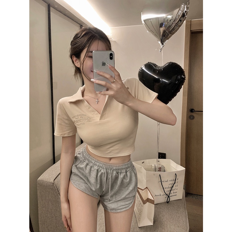 ♞₪Suhao kaos import wanita kaos wanita gaya korea lengan pendek kaos pendek perempuan American retro grey polo collar short-sleeve t-shirt women s summer shoulder pure desire hot girl short slim slim top