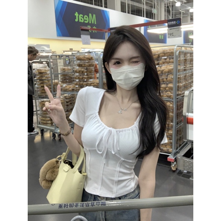 ❖☂Suhao kaos import wanita kaos wanita korean style lengan pendek kaos pendek perempuan babes white front shoulder square collar fishbone short-sleeved t-shirt women s summer regular slim fit tight short tie top