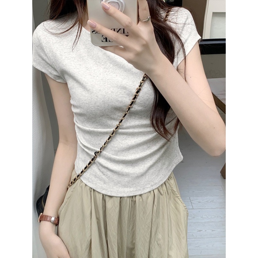 ☃✈Suhao kaos import wanita kaos wanita gaya korea lengan pendek kaos pendek perempuan bahu depan slim fit high waist short-sleeve t-shirt female design sense niche small flying sleeves shirring waist short top summer