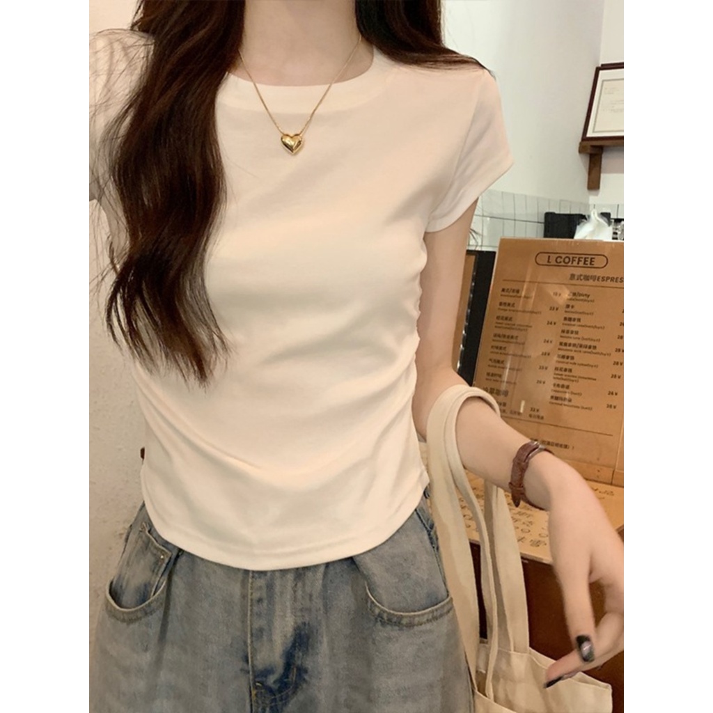 ☃✈Suhao kaos import wanita kaos wanita gaya korea lengan pendek kaos pendek perempuan bahu depan slim fit high waist short-sleeve t-shirt female design sense niche small flying sleeves shirring waist short top summer