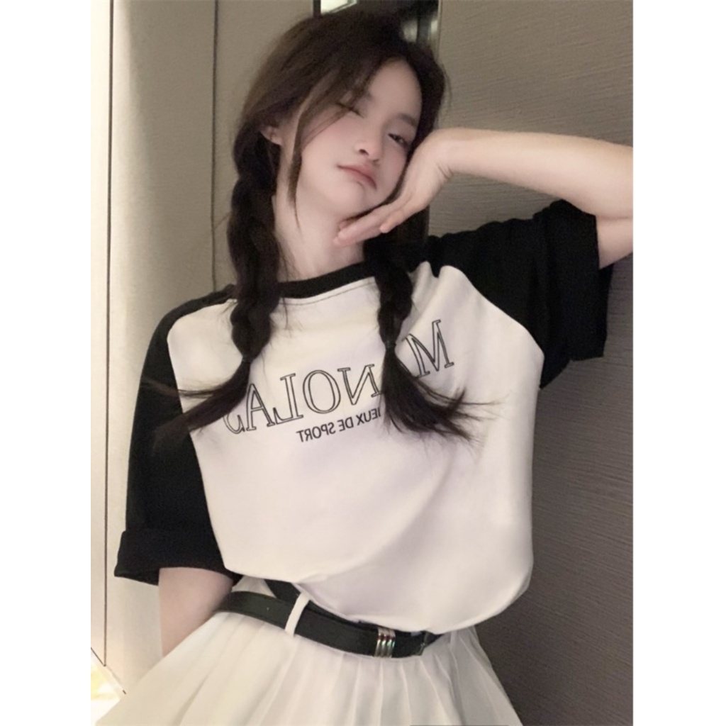 ▪✇Suhao kaos import wanita kaos wanita gaya korea lengan pendek kaos pendek perempuan American style raglan shoulder short-sleeved t-shirt women s summer design sense niche loose slim casual all-match cotton half-sleeved top