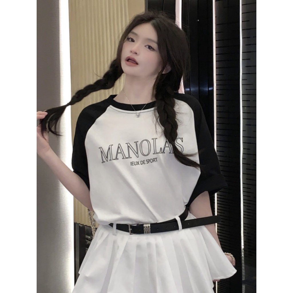 ▪✇Suhao kaos import wanita kaos wanita gaya korea lengan pendek kaos pendek perempuan American style raglan shoulder short-sleeved t-shirt women s summer design sense niche loose slim casual all-match cotton half-sleeved top