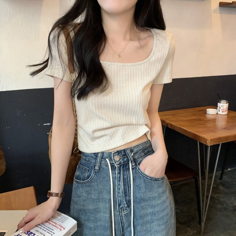 ▥❦Suhao kaos import wanita kaos wanita gaya korea lengan pendek kaos pendek perempuan aprikot ice silk square collar knitted shoulder short-sleeved T-shirt women s summer small man age-reducing collarbone t-shirt hot girl short top