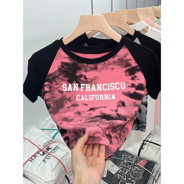 Red Gaya Amerika yang unik retro gaya Hong Kong chic manis gadis panas pendek dasi-pewarna top rasa desain ceruk lengan pendek t-shirt wanita musim panas