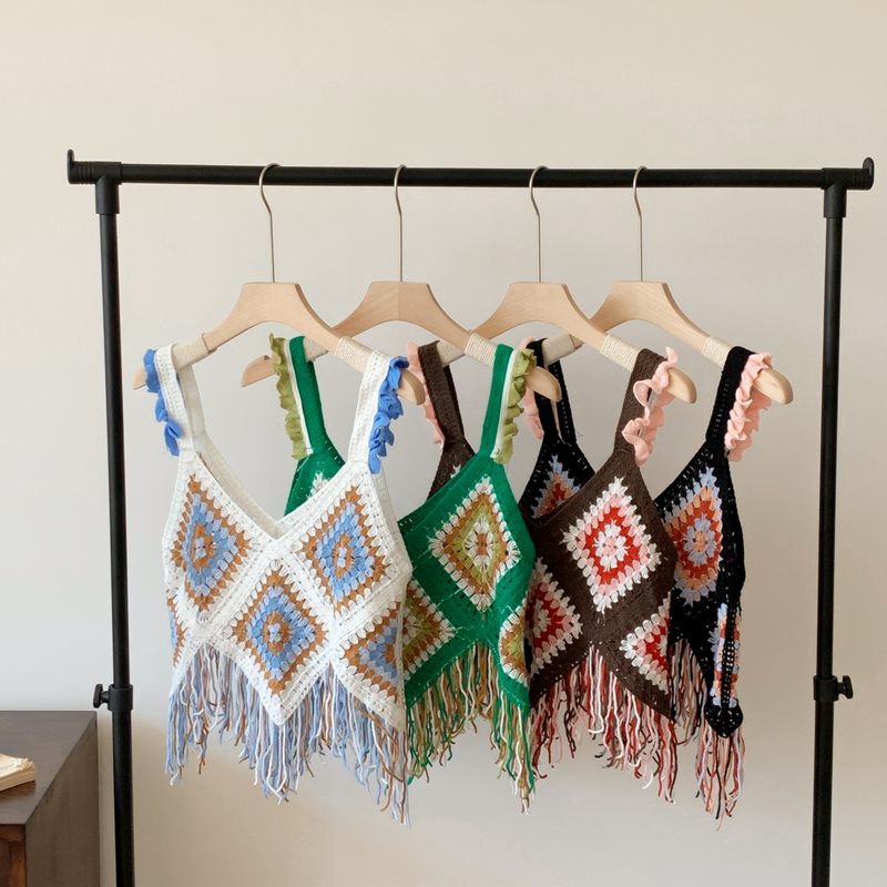 Suhao08#Tembakan Nyata！Blus Rompi Rajut Gaya Etnik Bohemian, Rompi Rajut Rumbai Suspender#COD