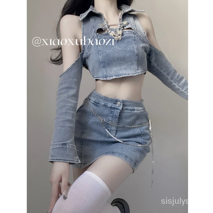 [✅BISA COD] #Sisjuly# Setelan Wanita / Atasan denim pendek tanpa tali antik untuk wanita + rok denim