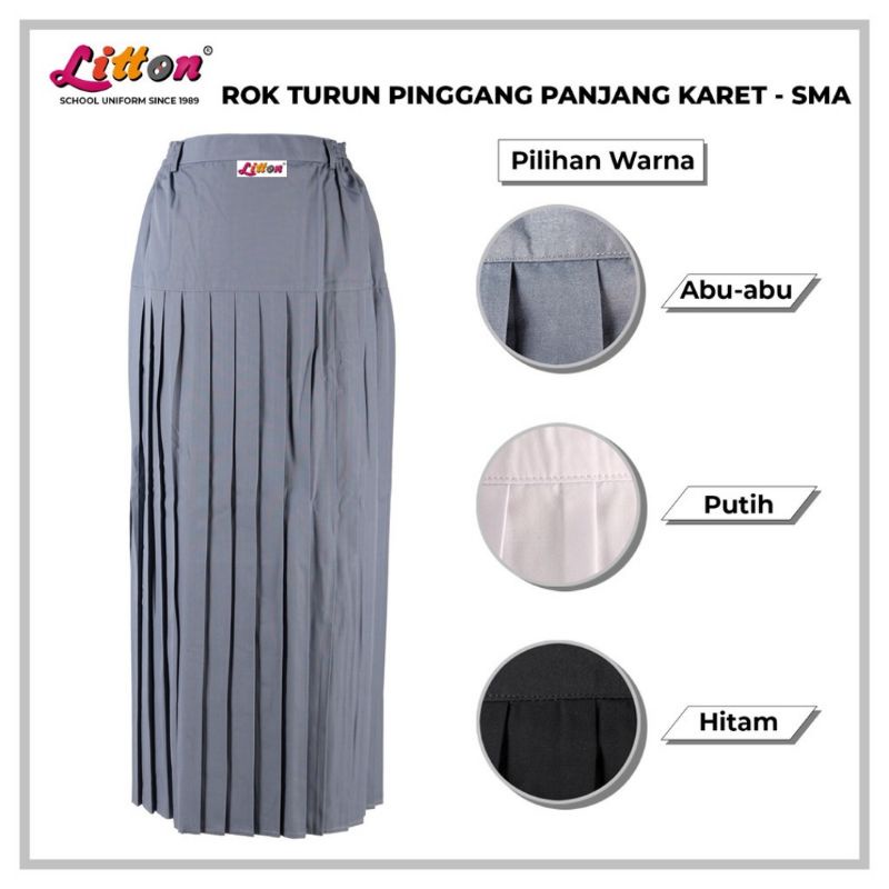 LITTON Rok Sekolah Span Plisir SMP - SMA abu putih hitam Panjang Turun Pinggang Karet Jumbo / Seragam Sekolah SMP SMA
