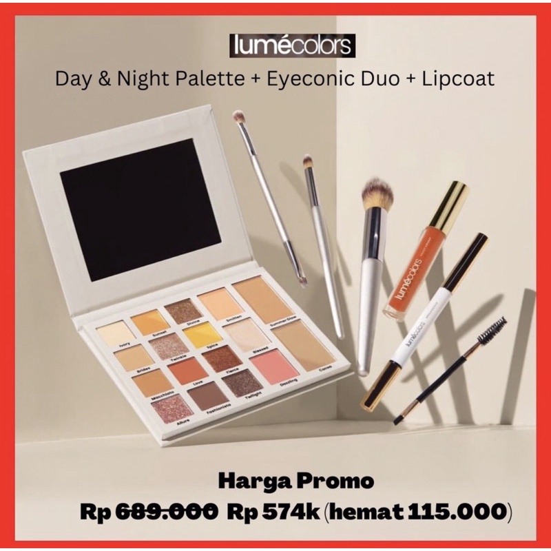LumeColors Bandung Paket Hemat Bundling Day&Night Face Palette&Brush, Iconic Duo&Brush, Velvet LipCo