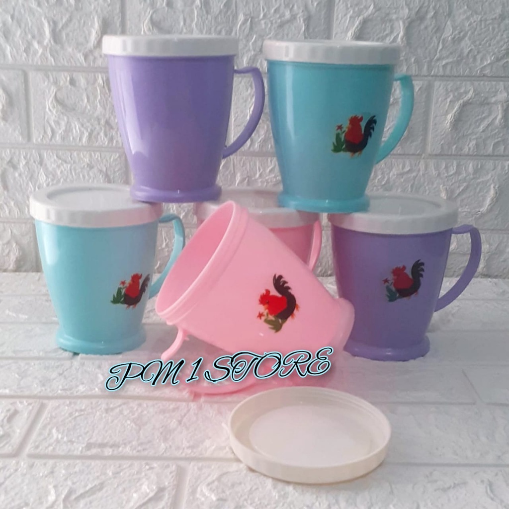 4 PCS MUG CANGKIR GAGANG TUTUP MOTIF AYAM JAGO/ MUG TEBAL