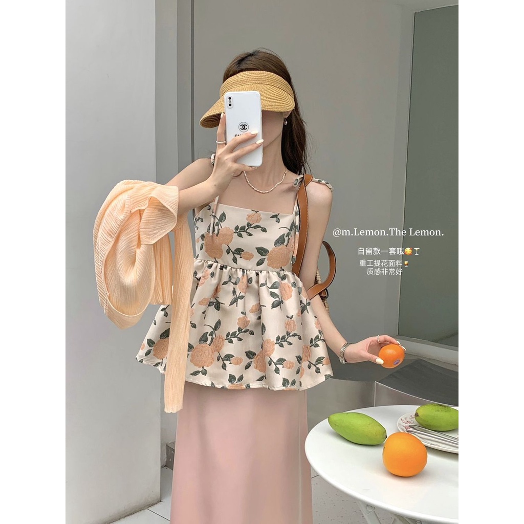 Red Musim panas wanita gaya Perancis teh istirahat desain rasa kemeja selempang + pinggang tinggi ramping dan rok longgar set dua potong