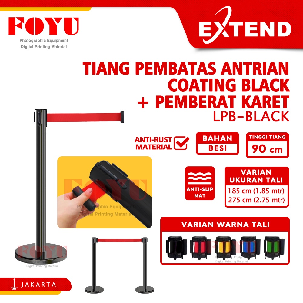 

Tiang Pembatas Antrian Antrean Pita Coating Black Stainless Hitam Besi Queue Que Line Pole Railing Stand 2 3 meter Extend LPB-Black