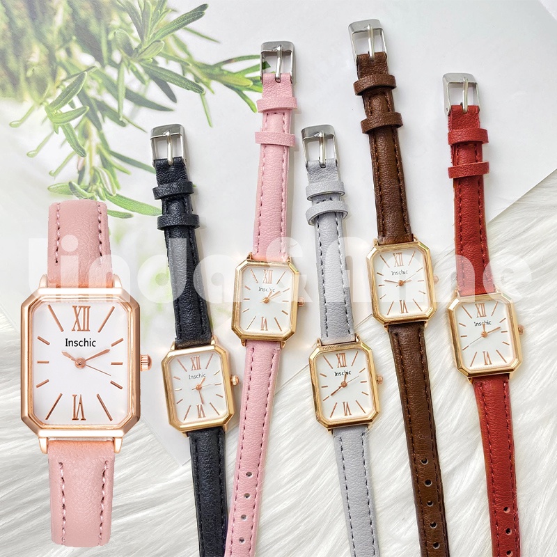 Jam Tangan Analog Wanita Dial Kotak Gaya Retro Casual Strap Kulit PU Fashion Import