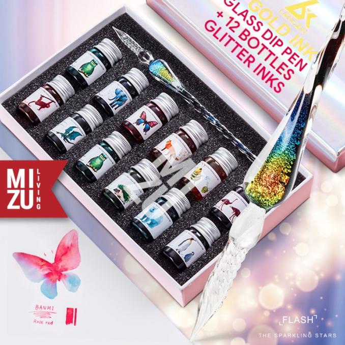 

MIZU PENNA VETRO XII GLASS Dip Pen Calligraphy 12 Tinta Glitter Ink