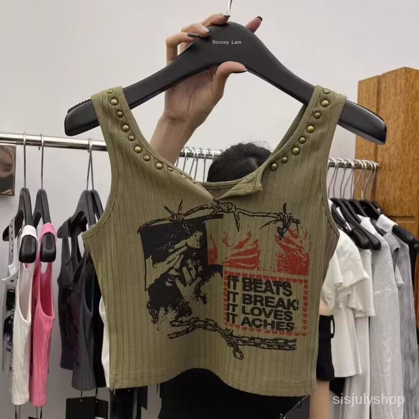 [✅BISA COD] #Sisjuly# Atasan Y2K Wanita / Kamisol Pendek Motif Vintage Amerika untuk Wanita