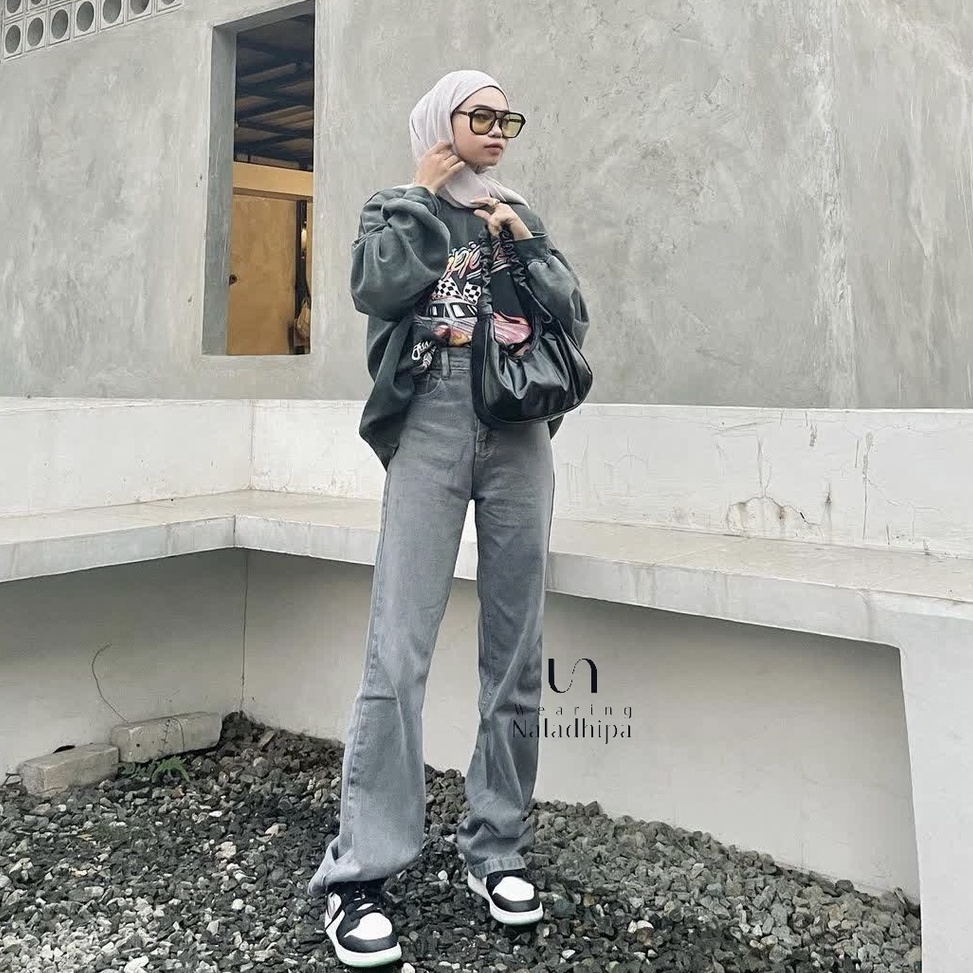 RECOMENDED Nara Pants Grey - Celana Kulot Jeans Highwaist Wanita Loose