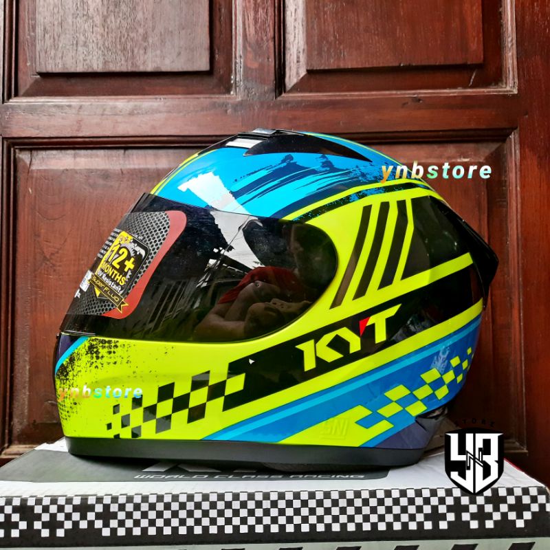 Helm Fullface KYT R10 Motif #4 Yellow Fluo Blue Visor Hitam Smoke | Helm Full Face KYT R-10 RC10 Mot
