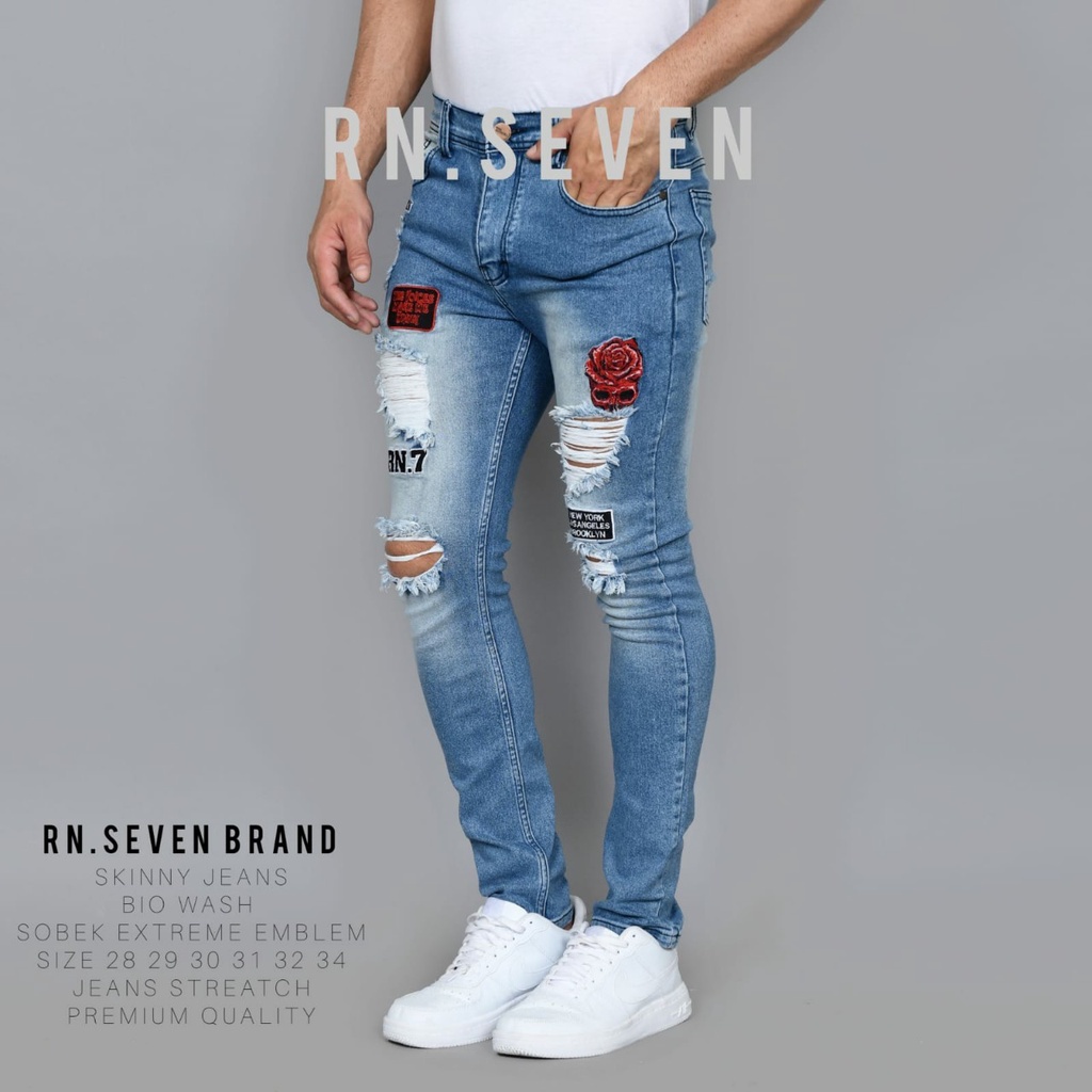 Celana Panjang Jeans Pria Sobek Ripped Skinny Sobek Exstreme Emblem Premium Quality Original RN Seve