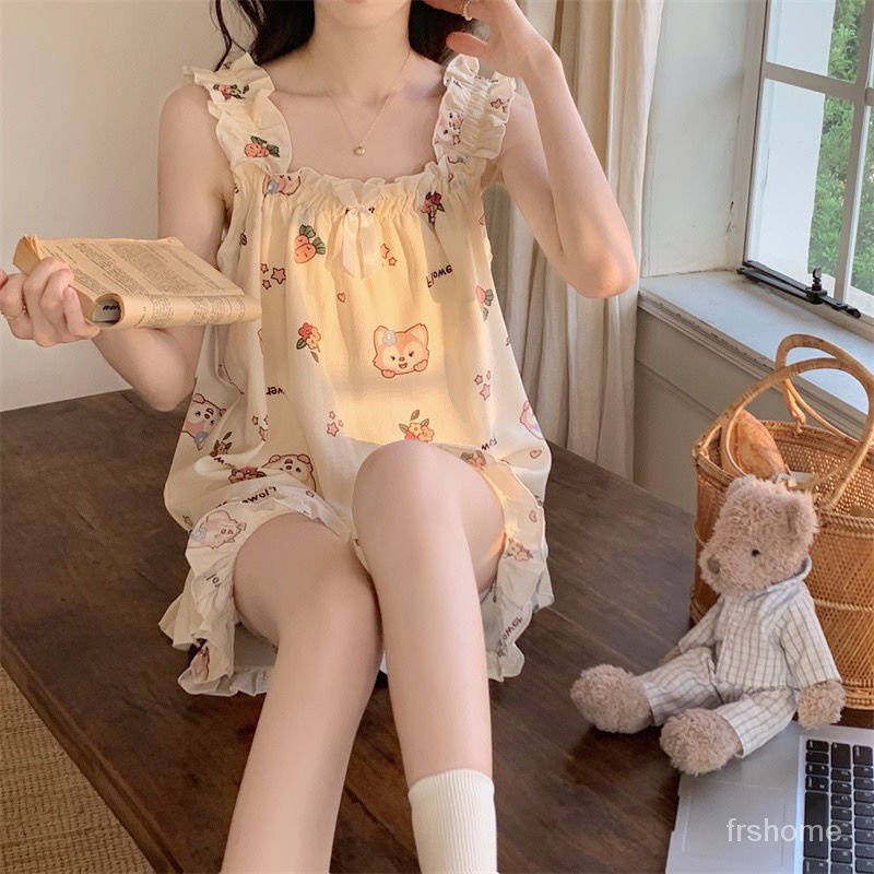 ins Korean version of cute with chest pad suspenders shorts pajamas female woven bubble cotton loung