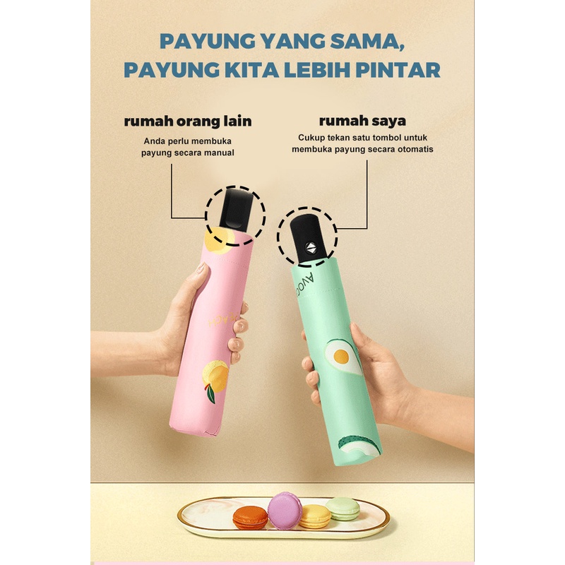 Holiven OTOMATIS Payung Lipat Buah Pastel Buka Tutup Lapisan UV Protection
