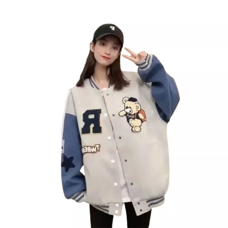 R TW BEAR BASEBALL JACKET VARSITY KOREAN STYLE OUTERWEAR REMAJA UNISEX WANITA PRIA | JAKET VARSITY BASEBALL HURUF INISIAL R OVERSIZE