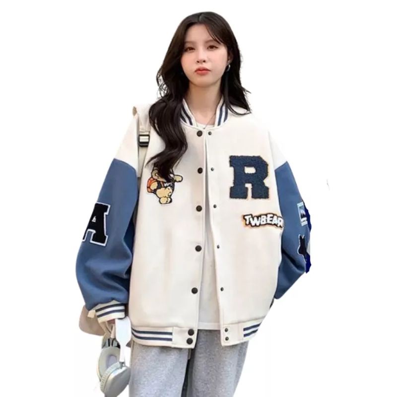 R TW BEAR BASEBALL JACKET VARSITY KOREAN STYLE OUTERWEAR REMAJA UNISEX WANITA PRIA | JAKET VARSITY BASEBALL HURUF INISIAL R OVERSIZE
